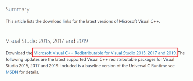 ჩამოტვირთეთ Microsoft Visual C plus Plus Redistributable გვერდი. დააფიქსირეთ ინსტალაციის შეცდომა OBS Windows 10-ში