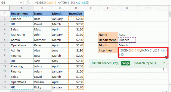 Coloque um sinal de igual e combine-o com a coluna selecionando a coluna do departamento