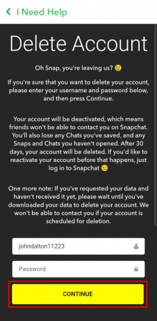 Digite sua senha do Snapchat e toque no botão CONTINUAR para excluir sua conta do Snapchat. cancelar solicitação de dados do Snapchat