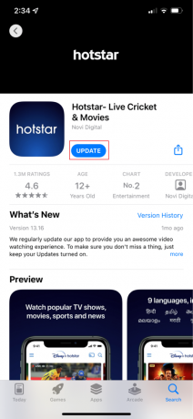 اضغط على خيار التحديث في hotstar appstore iPhone