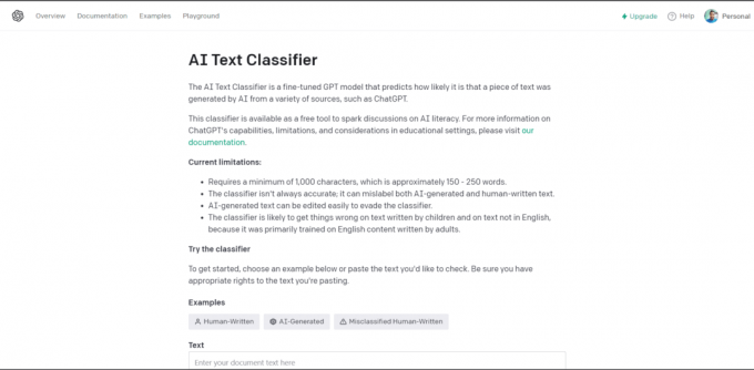 AI Text Classifier -verkkosivusto 