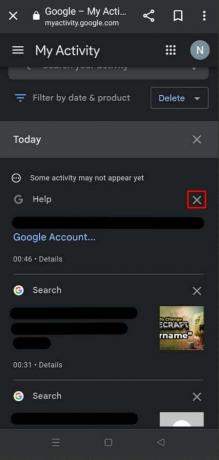 검색을 삭제하려면 X를 탭하세요 | Android에서 Google 활동을 삭제하는 방법