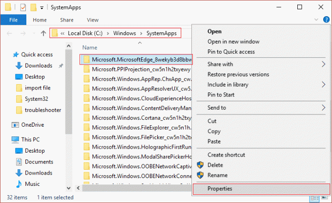 Napsauta hiiren kakkospainikkeella Microsoft Edge -kansiota SystemApps | -sovelluksessa Microsoft Edgen asennuksen poistaminen Windows 10:ssä