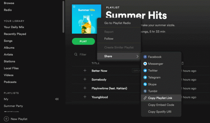 เลือก 'คัดลอกลิงก์เพลง' จากเมนู Spotify