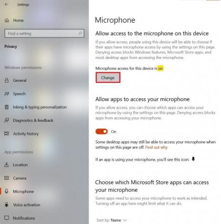 ภายใต้ ไมโครโฟน ให้คลิกที่ เปลี่ยน เพื่อปิดอุปกรณ์ | วิธีปิดเสียงไมโครโฟนใน Windows 10