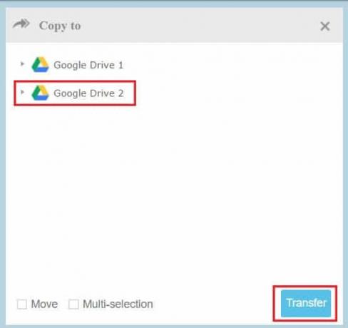 Klicka på Google Drive 2 (ditt sekundära konto) och klicka sedan på överför | Hur man flyttar filer från en Google Drive till en annan