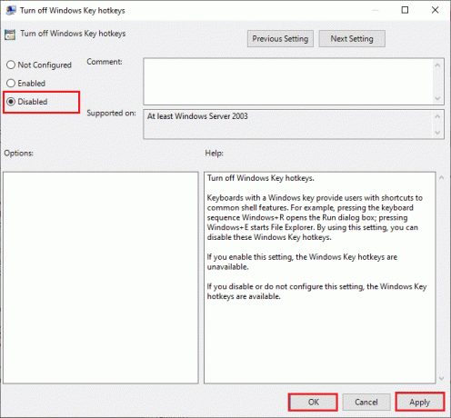 เลือกตัวเลือก Disabled เพื่อปิดคีย์ลัดของ Windows การตั้งค่าตัวแก้ไขนโยบายกลุ่มภายใน