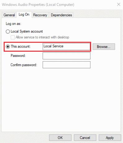 Ако да, отидете на раздела Вход, щракнете върху Този акаунт и въведете Локална услуга в съседното текстово поле. Как да поправите, че аудио услугата не работи с Windows 10