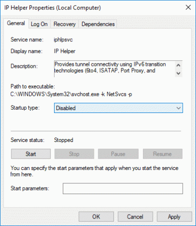 Haga clic en Detener y, a continuación, en el menú desplegable Tipo de inicio, seleccione Deshabilitado para el servicio IP Helper.