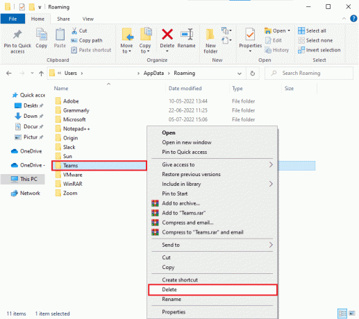 kliknij prawym przyciskiem myszy folder Teams i kliknij opcję Usuń. Jak naprawić problem z synchronizacją Microsoft Teams