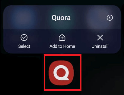 Нажмите и удерживайте значок приложения Quora, пока не появится меню.