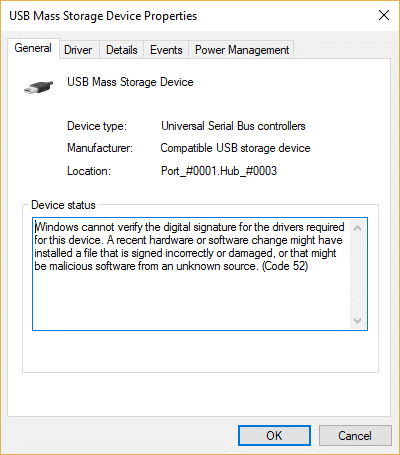 USB-Fehlercode 52 beheben Windows kann die digitale Signatur nicht überprüfen