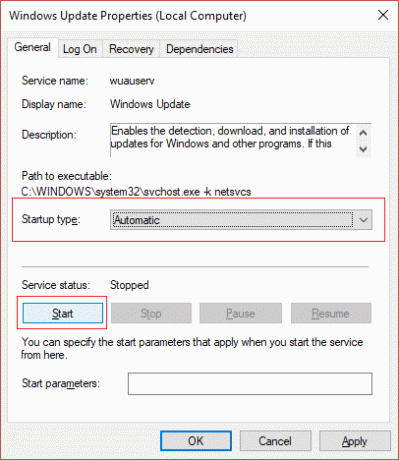 Windows Updateサービスが[自動]に設定されていることを確認し、[開始]をクリックします