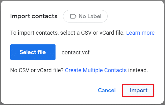 importere kontakter vcf-fil i Google-kontakter