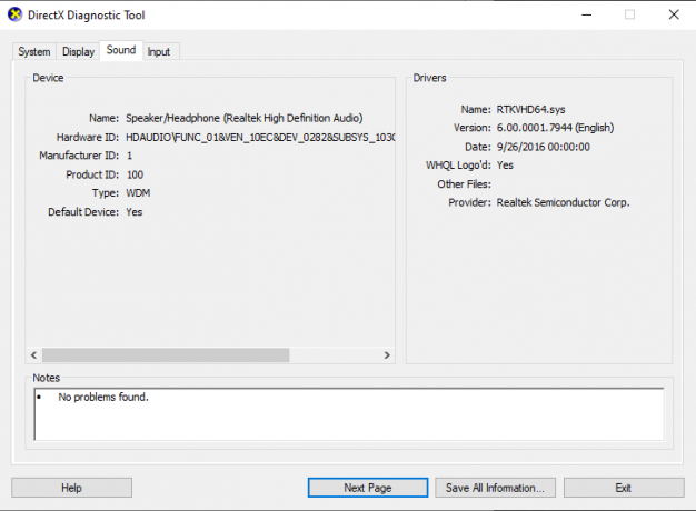 klikk på Lyd-fanen i DirectX Diagnostic Tool