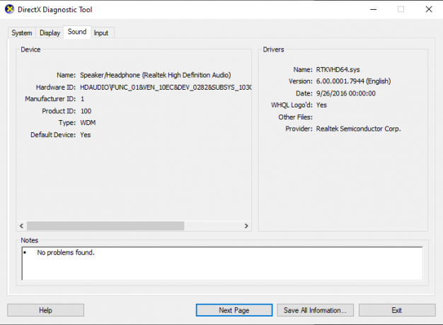 DirectX診断ツールの[サウンド]タブをクリックします