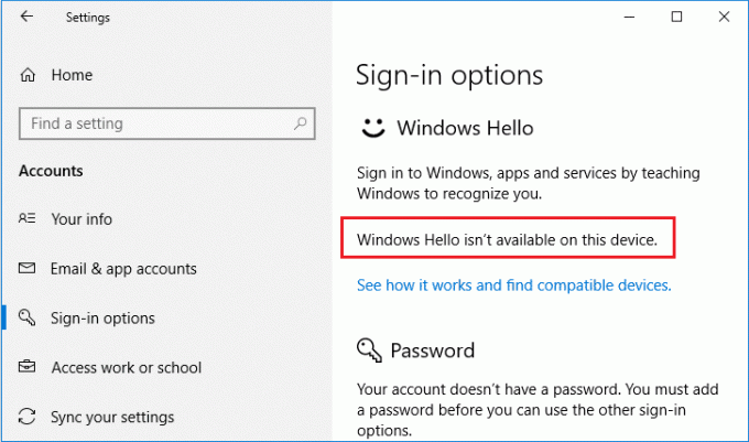 Korjaa Windows Hello ei ole saatavilla tällä laitteella Windows 10:ssä