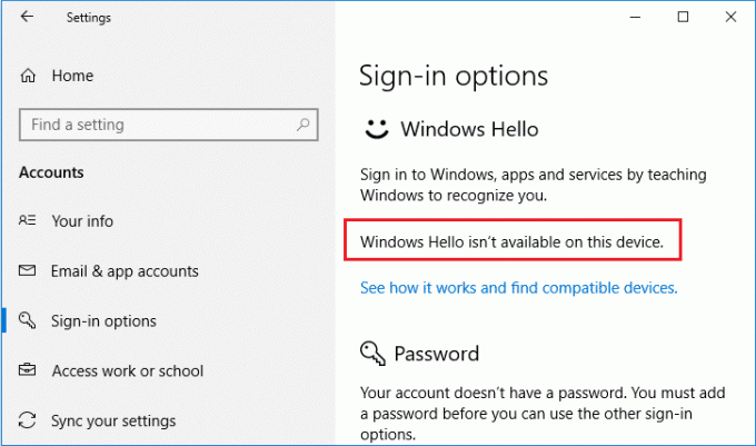 Le correctif Windows Hello n'est pas disponible sur cet appareil sous Windows 10