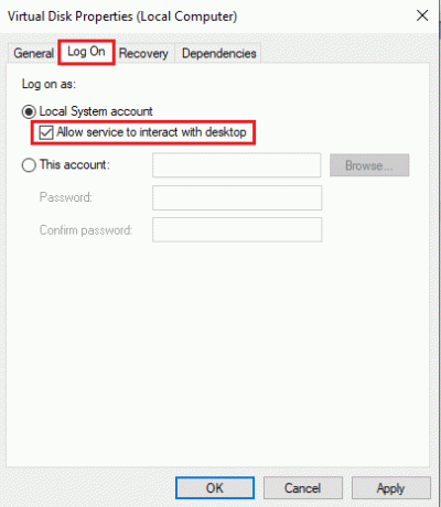 Navigieren Sie zur Registerkarte „Anmelden“ und aktivieren Sie das BOC bei „Dienst darf mit dem Desktop interagieren“. Fehlercode 490 01010004 in Windows 10 beheben