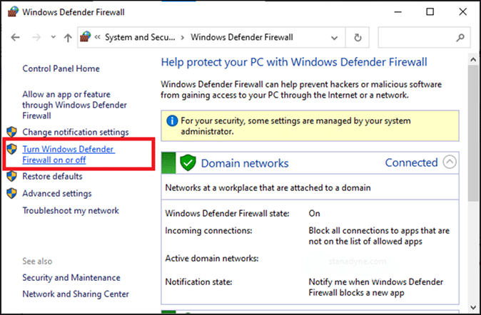 Klik opsi Aktifkan atau nonaktifkan Windows Defender Firewall | Cara Memperbaiki Logitech Gaming Software Tidak Terbuka di PC Windows