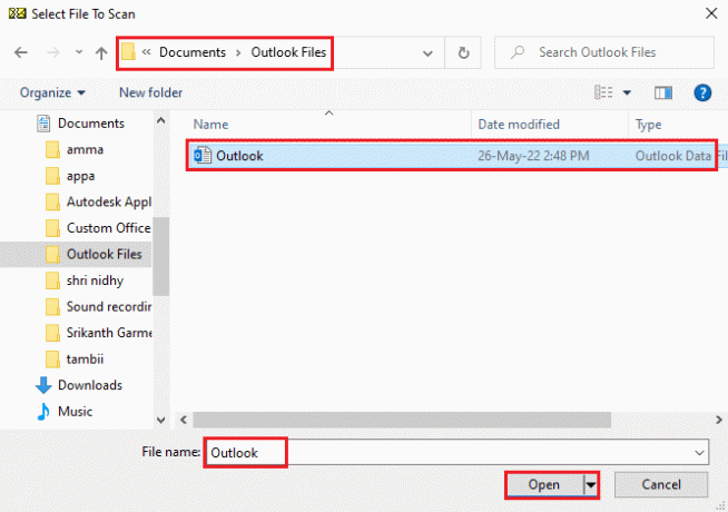 Outlook 파일을 선택하고 열기 버튼을 클릭하십시오