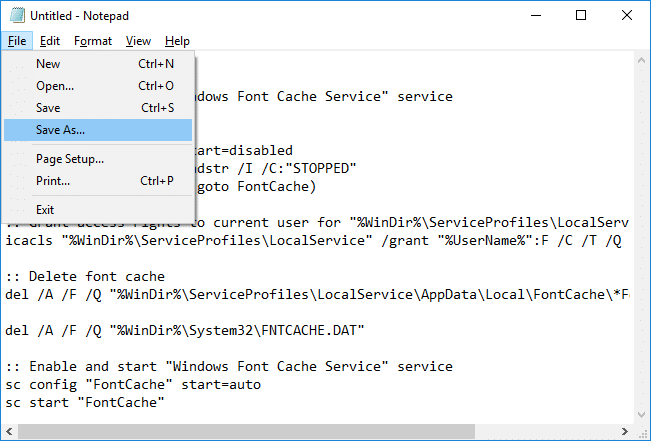 Obnovte vyrovnávaciu pamäť fontov v systéme Windows 10 pomocou súboru BAT