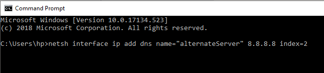 Chcete-li přidat alternativní adresu DNS, zadejte následující příkaz do cmd