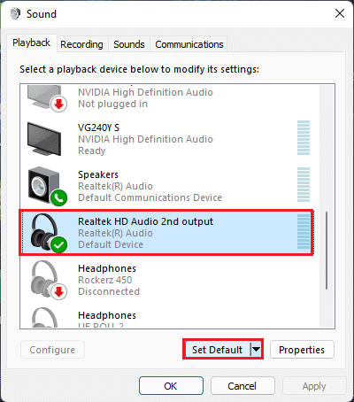 Wählen Sie das Realtek HD-Audiogerät und klicken Sie auf der Registerkarte Soundwiedergabe in Windows 11 auf die Schaltfläche Standard festlegen