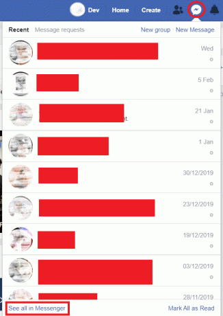 Klicken Sie auf Messenger und wählen Sie dann " Alle im Messenger anzeigen" in der unteren linken Ecke des Popups.