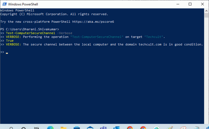 Anda juga dapat memasukkan parameter sakelar –Verbose dan tekan Enter seperti yang ditunjukkan. Uji-KomputerSecureChannel -Verbose 