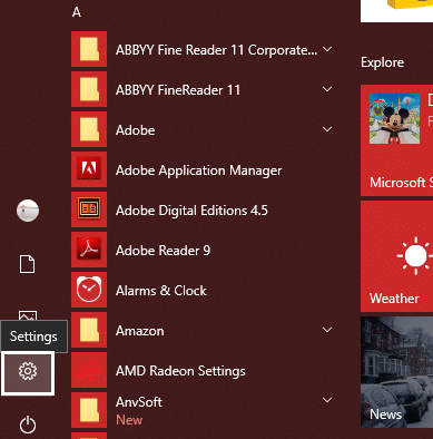 시작 메뉴에서 설정 아이콘 | Windows 10에서 키보드 레이아웃을 변경하는 방법