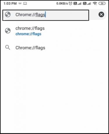 įveskite „chromeflags“ ir bakstelėkite Enter | Kaip perkelti „Chrome“ adreso juostą į apačią