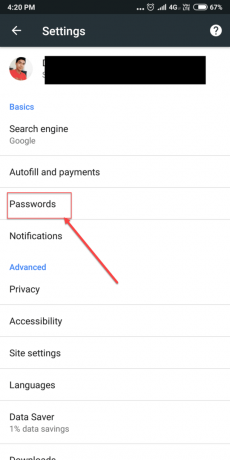Chrome-ის პარამეტრების ეკრანიდან დააწკაპუნეთ პაროლებზე