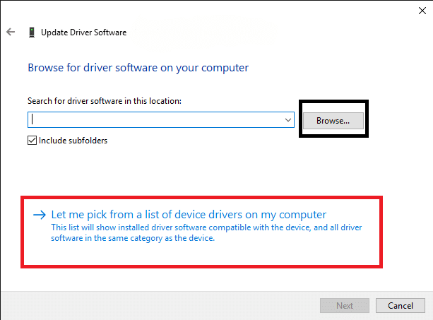 Klikk nå på Bla gjennom datamaskinen min for driverprogramvare etterfulgt av La meg velge fra en liste over tilgjengelige drivere på datamaskinen min i det kommende popup-vinduet.