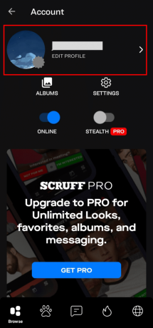Dodirnite opciju UREDI PROFIL ispod vašeg Scruff korisničkog imena.