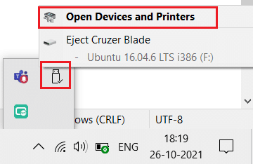 høyreklikk på USB-ikonet på oppgavelinjen og velg åpne enheter og skrivere