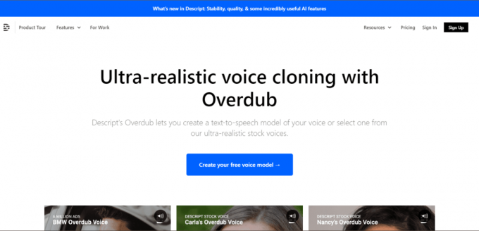 Descript Overdub Hjemmeside | 29 Beste gratis AI Voice Generator