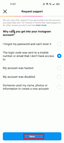 Na página Solicitar suporte, selecione a opção O código de login foi enviado para um celular ao qual não tenho acesso e clique na opção Avançar.