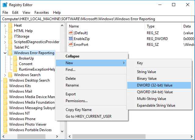 לחץ לחיצה ימנית על דיווח שגיאות של Windows ולאחר מכן בחר חדש ולאחר מכן ערך DWORD (32 סיביות).