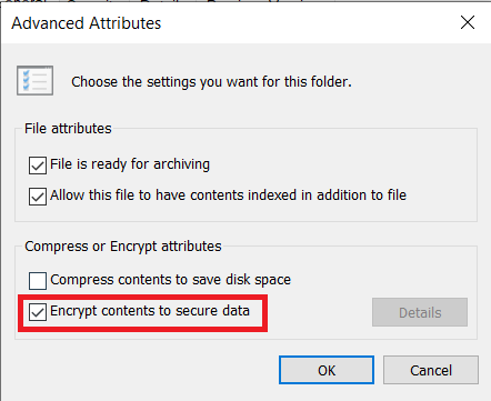 Til sidst skal du markere afkrydsningsfeltet Krypter indhold for at sikre data under Komprimer eller Krypter attributafsnittet