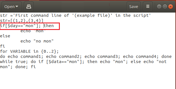 edite o comando example.sh no arquivo bash. Corrigir erro de sintaxe Bash próximo ao token inesperado