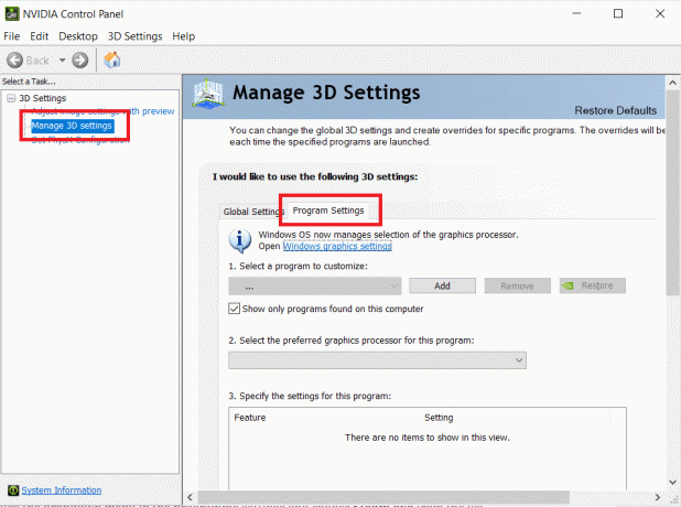 Clique na guia Gerenciar configurações 3D no Painel de controle da Nvidia e na guia Configurações do programa