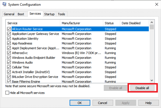 Execute a inicialização limpa. Corrigir as configurações do usuário para o driver falhou no Windows 10