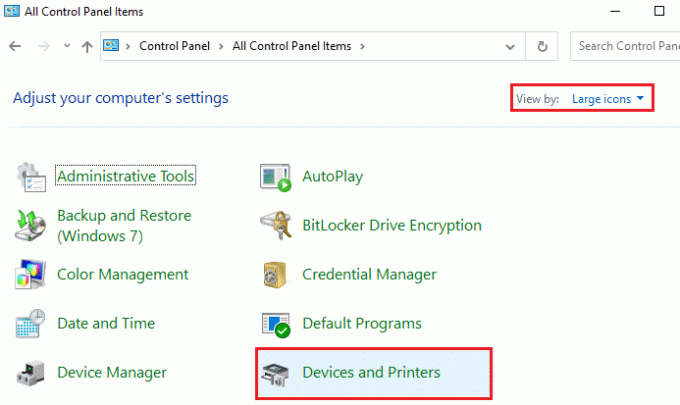Setați opțiunea Vizualizare după Pictograme mari și selectați Dispozitive și imprimante. Remediați serviciile de domeniu Active Directory nu sunt momentan disponibile în Windows 10