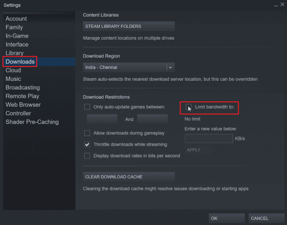 navigați la descărcări și faceți clic pe Limitați lățimea de bandă la
