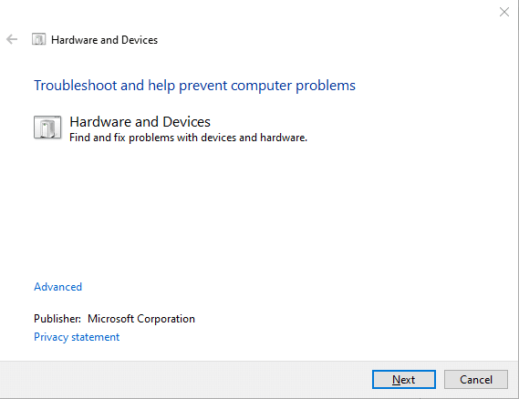 하드웨어 및 장치 문제 해결사가 열립니다. Windows 10 터치스크린이 작동하지 않는 문제를 해결하는 방법