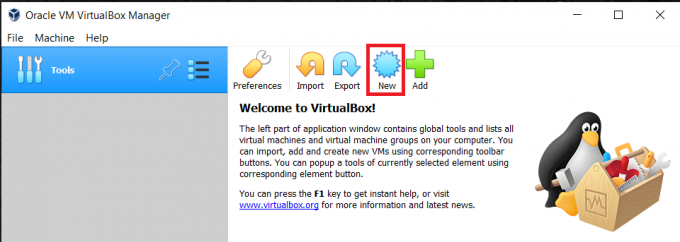 Virtual Box를 시작하고 도구 모음에서 새로 만들기 옵션을 클릭하여 가상 머신을 새로 시작합니다.