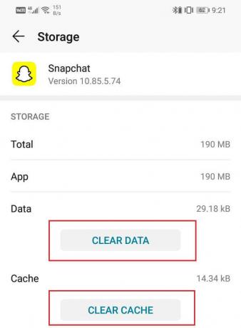 Clique nos botões Limpar Cache e Limpar Dados | Corrigir o Snapchat que não está carregando os snaps