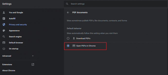 виберіть параметр Відкрити PDF-файли в Chrome у розділі PDF-документів google chrome