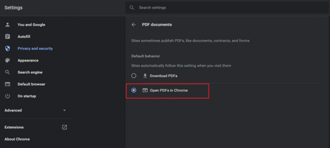 sélectionnez l'option Ouvrir les fichiers PDF dans chrome dans la section des documents PDF google chrome